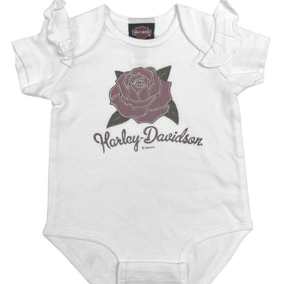 Harley-Davidson Baby Girls' Glitter Rose Ruffle Sleeve Infant Creeper White - Picture 1 of 1